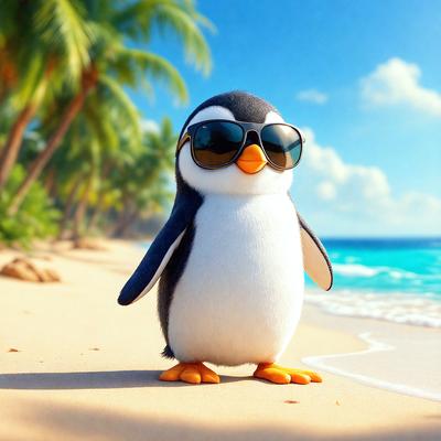 The primary subject of the image is a penguin standing on a sandy beach. The penguin is wearing sunglasses and appears to be enjoying the sunny day. The setting is a beach with palm trees in the background, creating a relaxing and tropical atmosphere. The visual style of the image is a digital art or illustration, giving it a vibrant and colorful appearance. The colors and mood of the image are predominantly warm and inviting, with the penguin being the